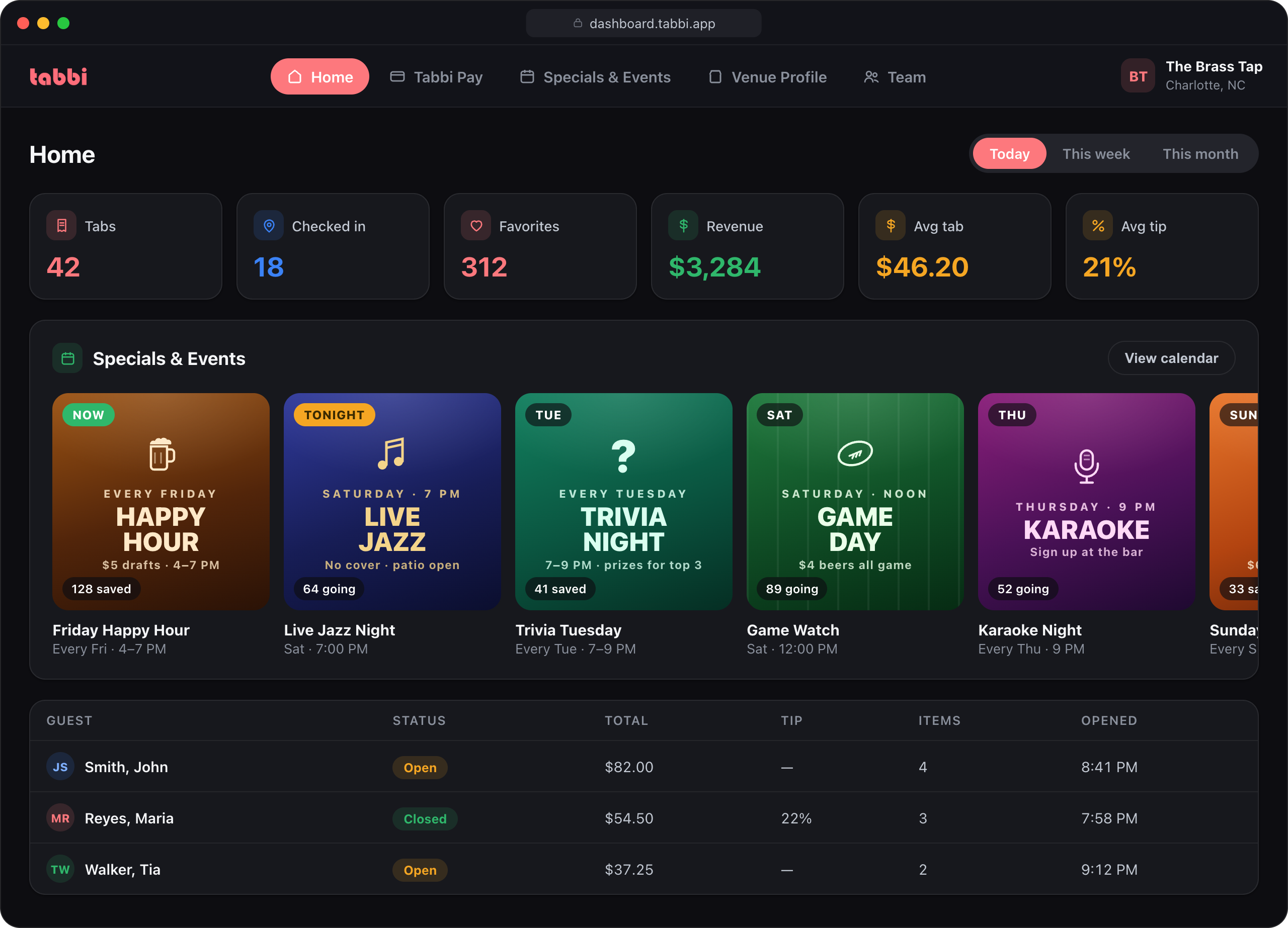 The Tabbi venue dashboard showing tabs, favorites, revenue, and upcoming specials and events