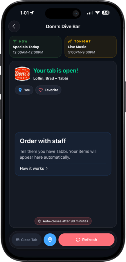An open Tabbi tab on a guest's phone